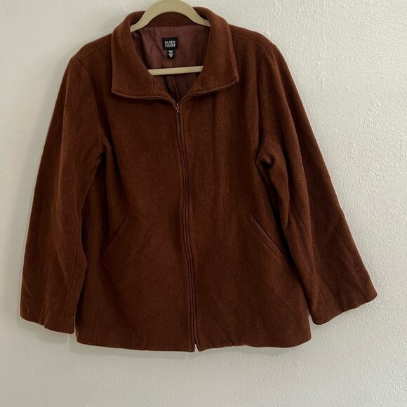 Vintage Eileen Fisher Heavy Brown Italian Wool Zip Up Funnel Neck Jacket Size M - Picture 1 of 6